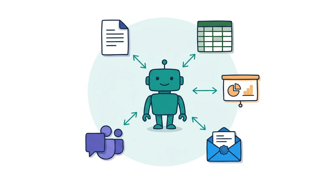 Claudeのロボットアイコンと Microsoft 365 の5アプリ（Word・Excel・PowerPoint・Outlook・Teams）が手描き風の矢印で双方向に連携しているイラスト