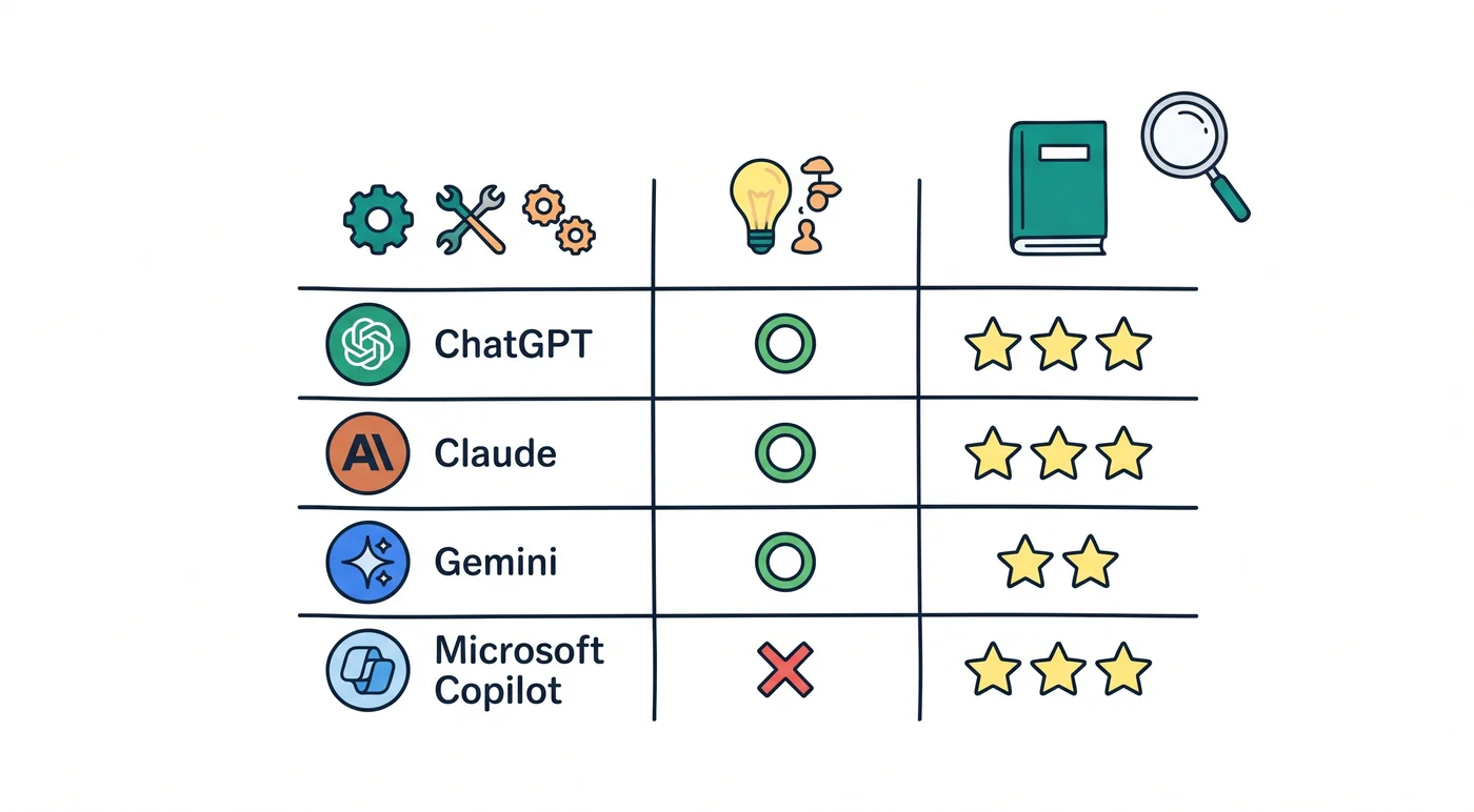 ChatGPT・Claude・Gemini・Microsoft Copilot の学習ポリシーを○×と星マークでまとめた早見表イラスト