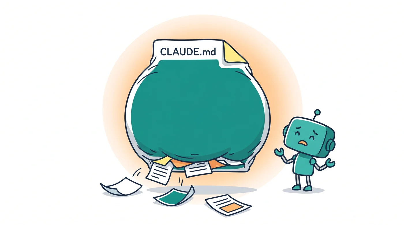 CLAUDE.md が肥大化し、書類からページがこぼれて困っているAIロボットのイメージ
