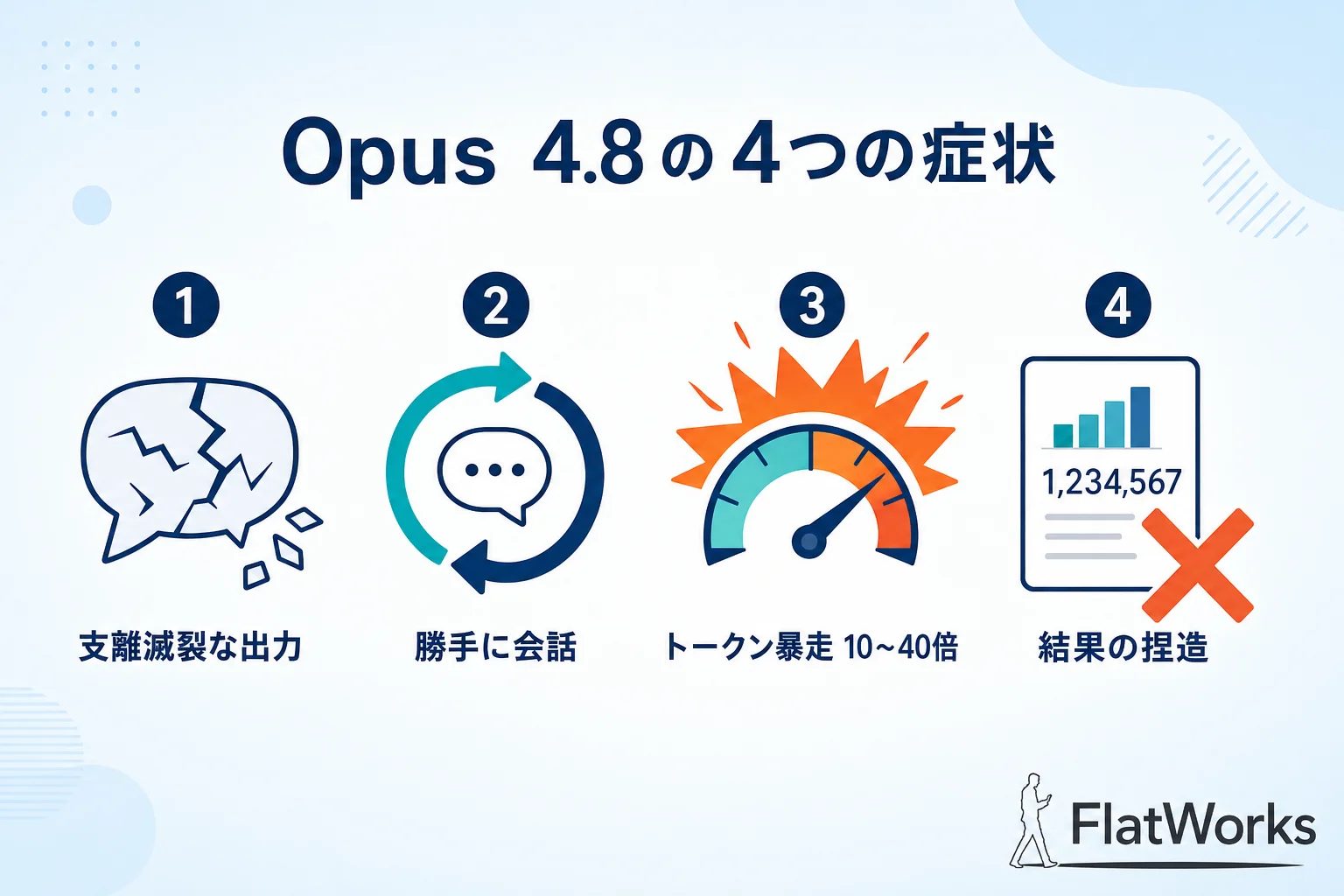 Opus 4.8の4つの症状——支離滅裂な出力・勝手に会話・トークン暴走10〜40倍・結果の捏造