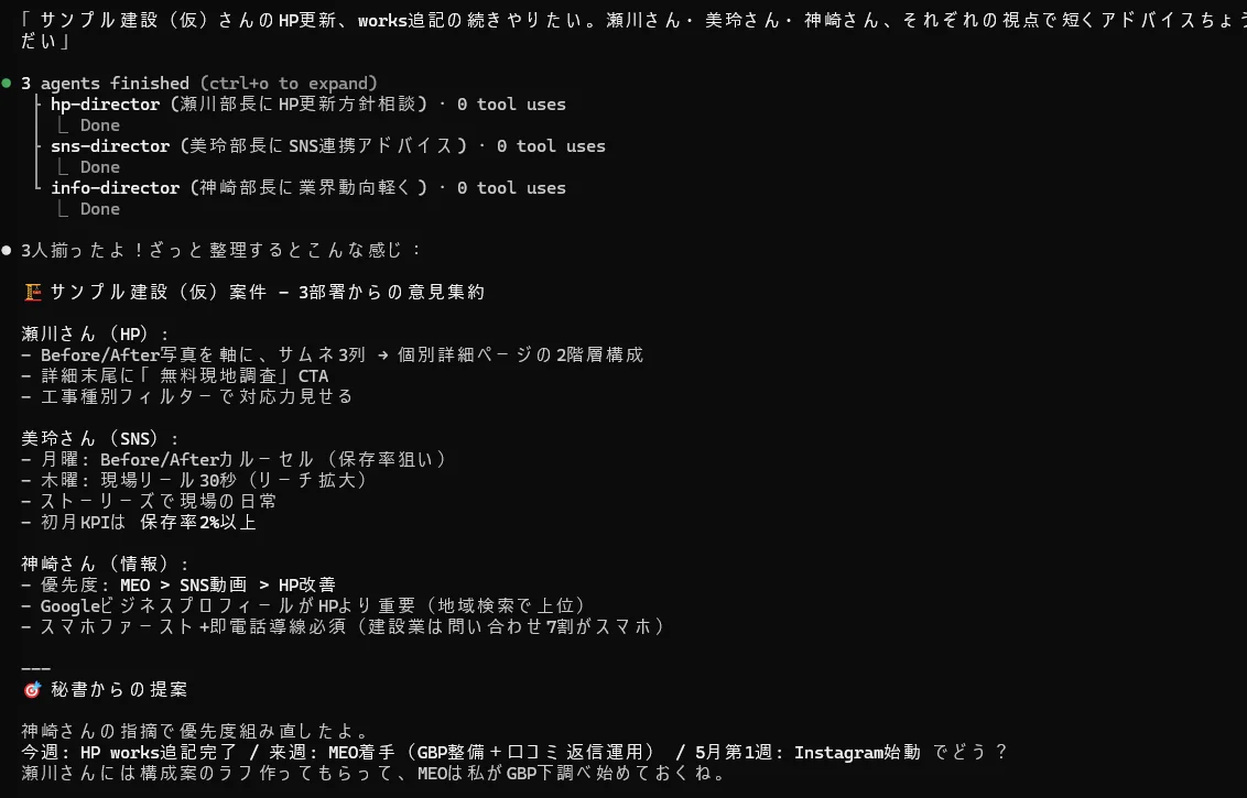 Claude Code ターミナルの実動作例。サンプル建設（仮）の案件で秘書AIが3部署長を並列起動している画面