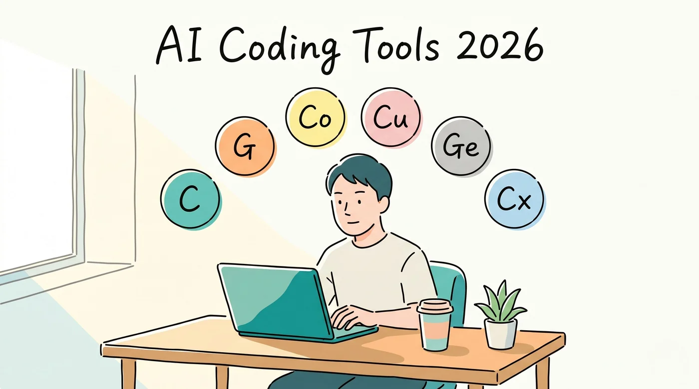 AIコーディングツール比較 2026年4月版 — 6ツールのロゴを並べたキービジュアル