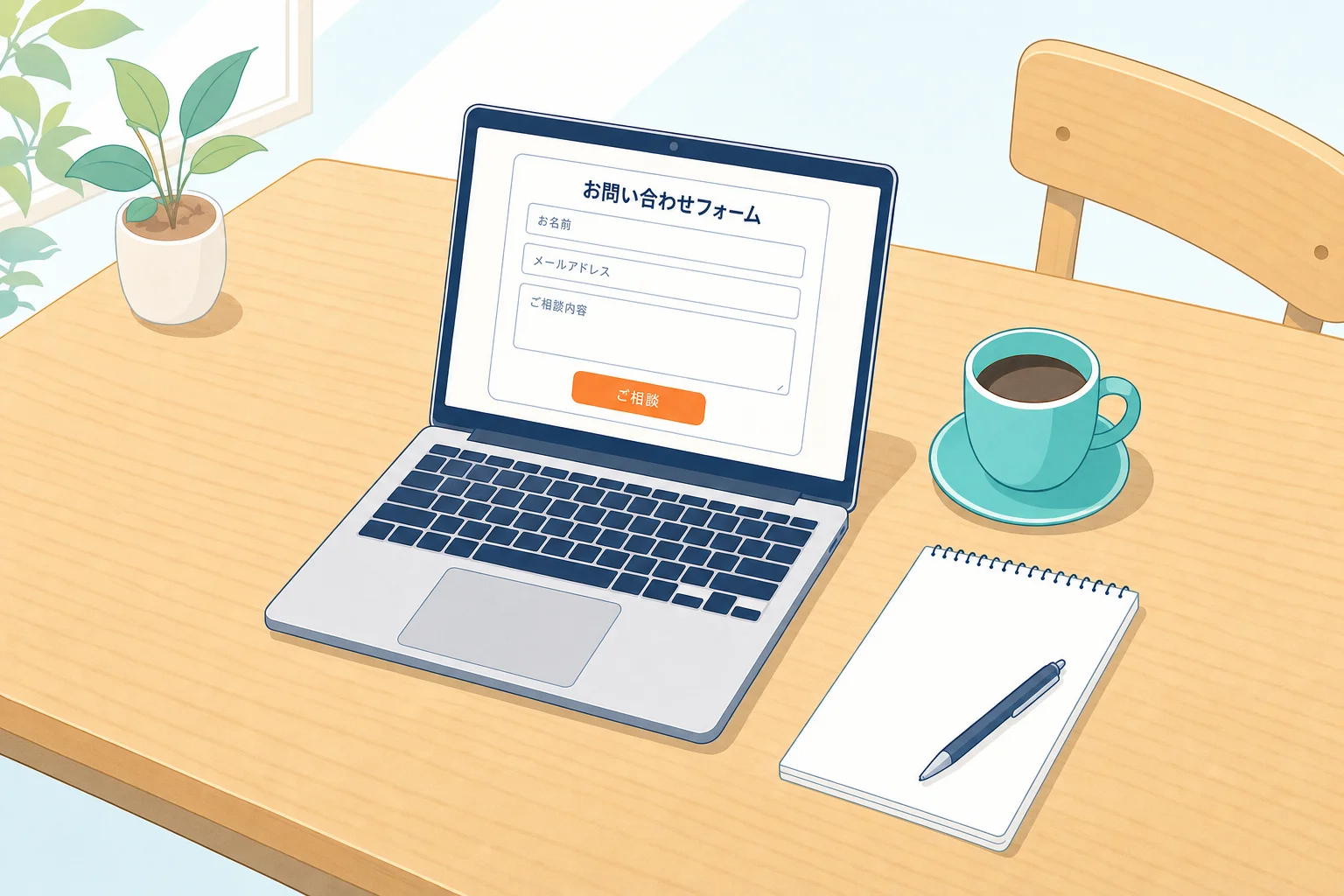 カフェ風のテーブルにノートパソコンとコーヒーカップが置かれた、気軽な相談の雰囲気を表すイラスト