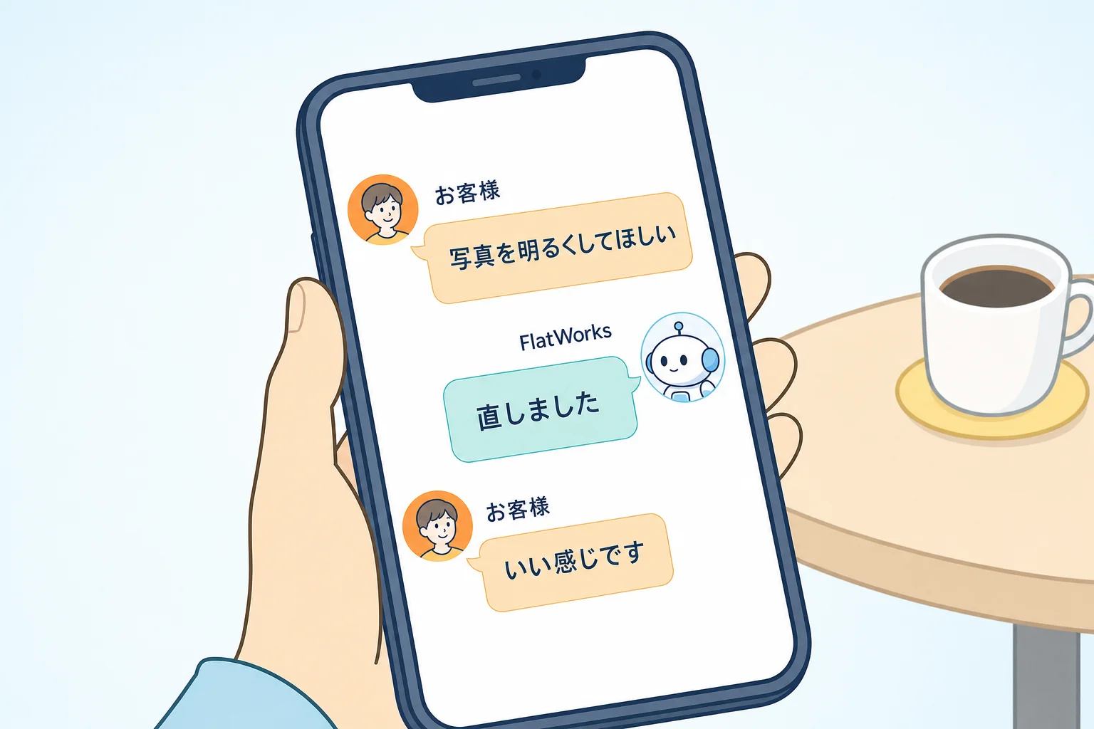 スマートフォンの画面にチャット形式で修正依頼と返答がやりとりされている様子のイラスト。「ここ変えてほしい」「直しました」のシンプルなメッセージ往復。