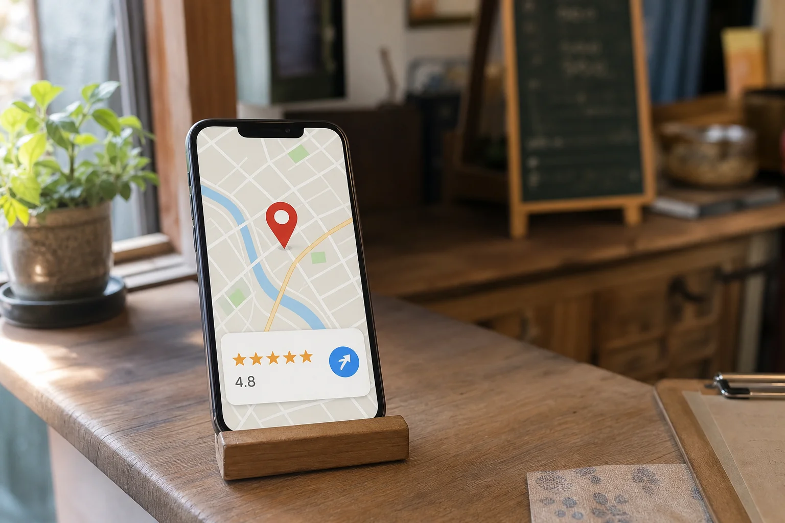 店先のスマホに表示された地図アプリの赤ピンと星4.8の評価